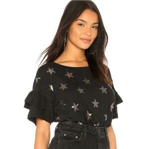 CURRENT ELLIOTT Sz1-Small THE RUFFLE ROADIE SHORT SLEEVE TOP BLACK FOIL STAR